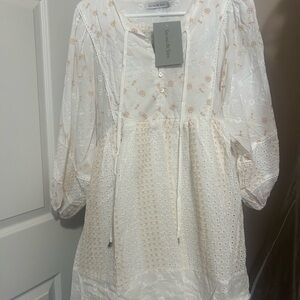 White and Cream Eyelet Dress with Floral Accents